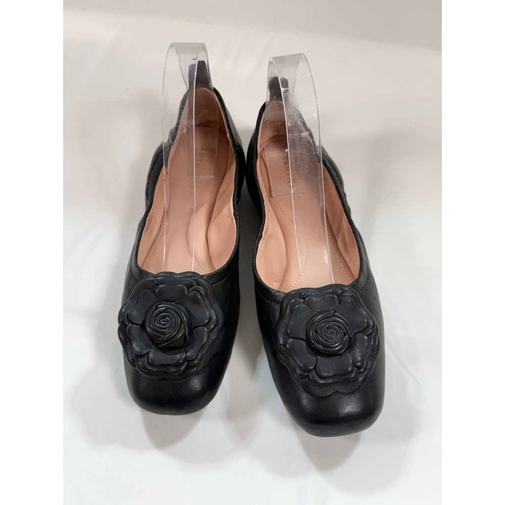 Taryn Rose Black Leather Rose Applique Square Toe Ballet Flats Womens